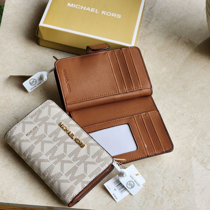 Authentic Michael Kors Jet Set Travel Signature Large MK Letters Medium  Bifold Zip Coin Wallet - Vanilla