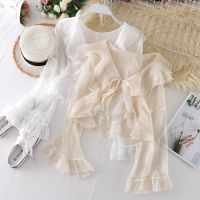 [COD] little cardigan fairy trumpet sleeves ruffles tie short summer with and shawl