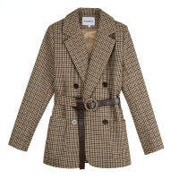 วินเทจ Houndstooth ฤดูหนาวหนาผู้หญิงแจ็คเก็ตเสื้อผ้าคาดเอวลายสก๊อตหญิงแจ็คเก็ตสูทด้วยเข็มขัดแขนยาว B 2021