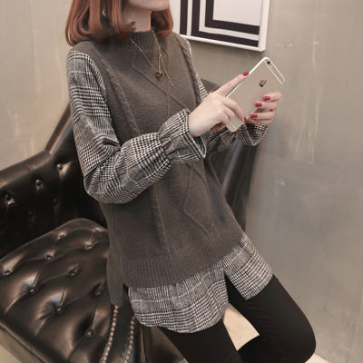 [Spot] sweater Womens Mid-length Plaid fake two pieces base shirt new long sleeve fashion knitwear 2023