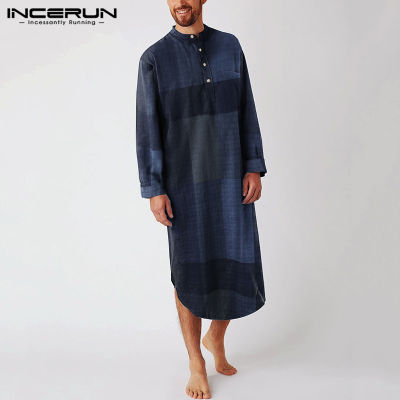 (Homewear) INCERUNมุสลิมผู้ชายแขนยาวเสื้อยืดชุดนอนชุดผ้าฝ้ายตรวจสอบชุด