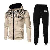 The new Mizuno high-quality printed mens gym clothes thin-section breathable Hoodie + sweatpants zippered sports suit for men