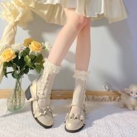 【LZ】✟♨◕  Meias femininas estilo lolita japonês laço bege arco perna pilha meias verão fina faculdade vento jk harajuku kawaii meias femininas