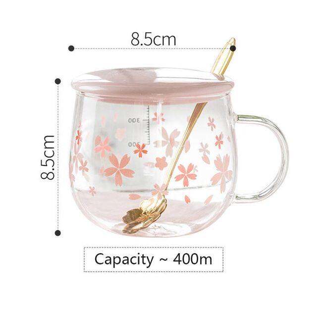 ร้อนสไตล์ญี่ปุ่นแก้วแก้วน่ารักสีชมพู-kawaii-drinkware-นมกาแฟถ้วยน้ำครัวสำนักงานที่ละเอียดอ่อนช้อนที่มีฝาปิดดอกเชอร์รี่แก้ว