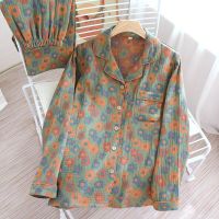 【JH】New Spring and Autumn Womens Pajamas Set 100% Cotton Crepe Long Sleeve Pants Two Piece Large Flower Size Four Season Home Suit