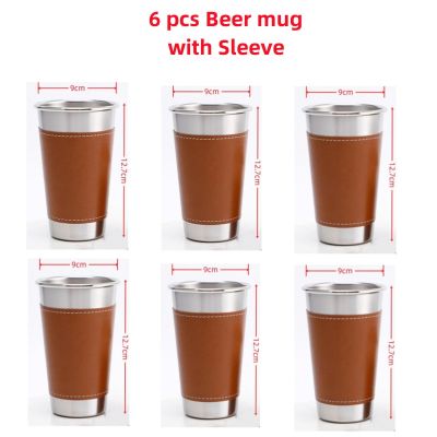 6 pcs 500ml Stainless Steel Metal Beer Mug with Heat Insulation Leather Sleeve Coffee Milk Mug Office Coffee Water Cup Drinkware