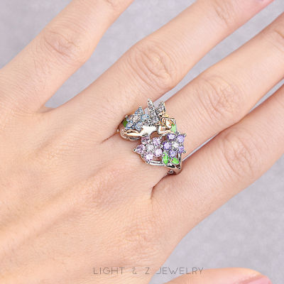 LIGHT & Z แหวนนางฟ้าปีกนางฟ้าดีไซน์เก๋,แหวนสีเพทายแบบฝังแฟชั่นเกาหลีของขวัญสำหรับผู้หญิง