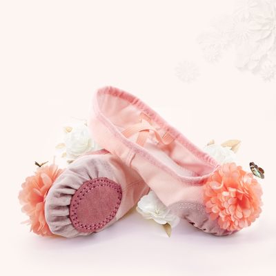 รองเท้าแตะสำหรับเด็กรองเท้าบัลเล่ต์สีชมพูสำหรับเด็กผู้หญิงวัยหัดเดิน,พื้นรองเท้าหนังแตกนุ่มยิมนาสติกโยคะเต้นด้วยดอกไม้