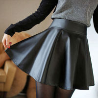 Faux PU Leather High Waist Mini Skirts Women Vintage Elastic Skater Flared Pleated Stretch Mini Skirt