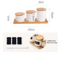 Ceramic Condiment Storage Jar Seasoning Pot Bamboo Holder Spice Jar Sugar Box Salt Pepper Can Kitchen Restaurant Organizer Tools