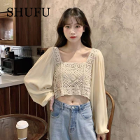 SHUFU 2088 พร้อมสต็อก ลูกไม้ เสื้อเบลาส์แขนยาวสำหรับผู้หญิง สไตล์เกาหลี เสื้อถักตาข่าย corptop เสื้อครอปแขนโคมไฟ