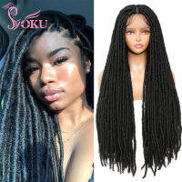 SOKU วิกผมด้านหน้าแบบลูกไม้เต็มมือวิกผมถัก Faux Locs 32นิ้วผมถักเปียสังเคราะห์ยาวตรงสำหรับผู้หญิงผิวดำใช้ในชีวิตประจำวัน ~