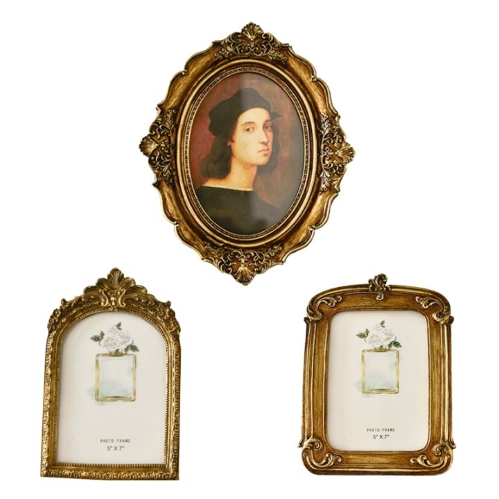 royal-court-style-photo-frame-light-luxury-imitation-wood-bedroom-wall-hangings-resin-golden-home-desktop-picture-frame