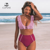 CUPSHE Red Stripe Ruffled High-Waist Bikini Sets Swimsuit Women y V-neck Tank Two Pieces Swimwear 2022 Beach Bathing Suits