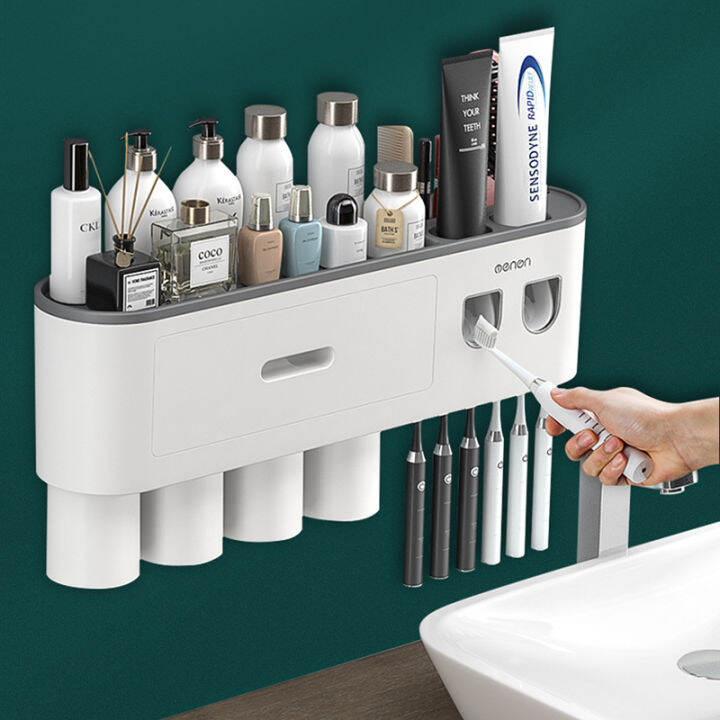 ahawill-wall-mounted-free-punching-toothbrush-holder-automatic-toothpaste-squeezer-dispenser-storage-rack-bathroom-accessories