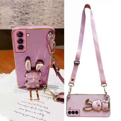 Crossbody Lanyard Plating Rabbit Holder Phone Case For Samsung S23 Ultra S22 S21 S20 FE Note 20 10 S10 Plus Silicone Stand Cover