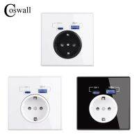 ๑۩ COSWALL Type-C Interface Outlet Wall EU Russia French Standard Socket With USB Charge Port Full Mirror Acrylic Panel Black White