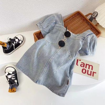2023 Summer Kids Girls Denim Short-Sleeved Dress Baby Skirt With Bubble Sleeves And Above Knee Mini For 4-6Y Children