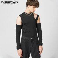 INCERUN เสื้อยืดถักแขนยาวเปิดไหล่สำหรับสีทึบดีไซน์โปร่ง