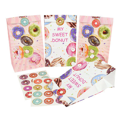 【cw】12pcs Donut Themed Party Candy Bag Donut Stickers Candy Dessert Packing Bags Baby Shower Birthday Party Gift Bags Decorations