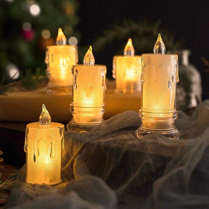 เทียน-led-ไร้ไฟที่มีเชิงเทียนชัดเจนเทียนที่ใช้แบตเตอรี่จริงสำหรับอุปกรณ์ตกแต่งคริสต์มาสฮาโลวีนงานแต่งงาน