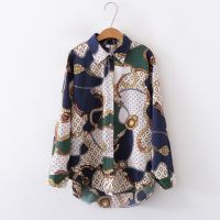 European and American style womens new flower print loose lapel long-sleeved fashion shirt