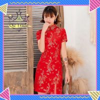 【จัดส่งที่รวดเร็ว✨】Women Short Cheongsam Short Sleeves Slim Fit Large Size Dress Retro Chinese Style Printing Performance Cheongsam Dress