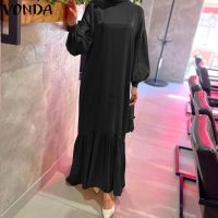 VONDA Women Casual Loose Solid Color Long Sleeve Mock Neck Pleated Long Dress