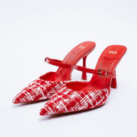 2023 ZARAˉSummer New Red Temperament High Heel Muller Shoes Thin Heel Pointed Open Heel Slippers for Women