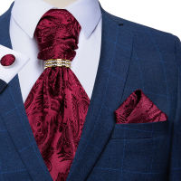 Burgundy Red Paisley Men Vintage Ascot Tie Wedding Formal Cravat Ascot Luxury Necktie Hanky Cufflinks Ring Set For Party DiBanGu Nails Screws Fastener