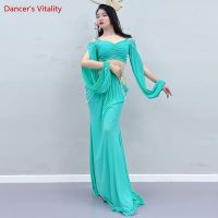 Belly Dance Clothing For Women Mesh Pearls Sleeves Top+Long Skirt 2Pcs Girls Oriental Costumes Set Female Practice Wear Outfit