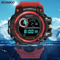 BOAMIGO brand UTC DST time raise to wake led light men digital sport red military watches 50m swim waterproof rubber band clock