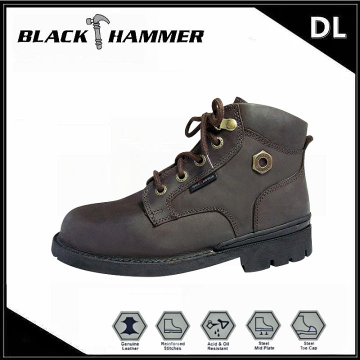 Black Hammer Mid Cut Lace Up Leather Safety Shoes Kasut Keselamatan BH