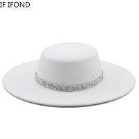 New Winter White Womens Fedoras Hats 10CM Wide Brim Rhinestone Flat Top Jazz Cap Fashion Wedding Dress Hats