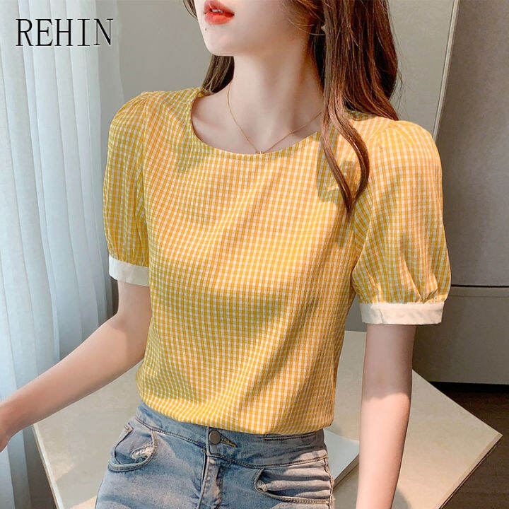 rehin-เสื้อเชิ้ตแขนสั้นลายสก็อตอเนกประสงค์ของผู้หญิง-เสื้อเบลาส์ใหม่ฤดูร้อนแบบเรียบง่ายหรูหรา