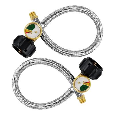 2 Pack 15 Inch RV Propane Hose with Gauge for 5-40Lb Tanks - Stainless Braided Propane Hose Quick Connect