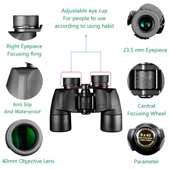 กล้องส่องทางไกล-ipx6-8x40มีประสิทธิภาพในการกันน้ำอย่างมืออาชีพพร้อมด้วยกล้องโทรทรรศน์เคลือบ-fmc-อุปกรณ์การตั้งแคมป์กลางแจ้งพกพาได้