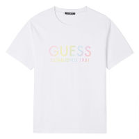 GUESS/Gails เสื้อยืดแขนแขนสั้นคอกลมอเนกประสงค์ลายตัวอักษรสีรุ้งสำหรับผู้ชายและผู้หญิง