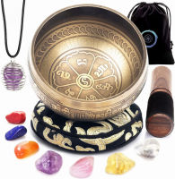 HEALING WAVES Tibetan Singing Bowl Set - Easy to Play - 7 Chakra Crystal stones with Interchangeable Cage Pendant - Handcrafted in Nepal for Meditation, Mindfulness, Yoga, and Spiritual healing - Energy Cleansing 4" Bronze