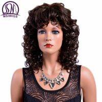 MSIWIGS Lady Brown Curly Synthetic Wigs with Bangs Heat Resistant Afro Medium Ombre Wig for Women Gift ของขวัญ