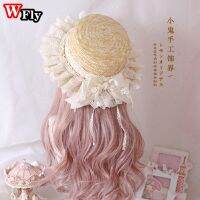 CWHarajuku ผู้หญิงสาวฤดูร้อนหมวกฟาง Beach Sun หมวก Sweet Lolita Kawaii เจ้าหญิงลูกไม้โบว์หมวกฟางหญิง Handmade