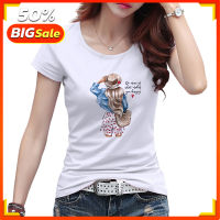 ผู้หญิง T เสื้อการ์ตูนน่ารักพิมพ์แขนสั้น O-Neck Cotton Spandex ผู้หญิงด้านบน Slim Fit Soft Women T shirt