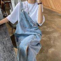 [Spot] womens denim brace dress new loose small dress design fashionable split skirt 2023