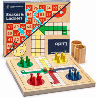 Yellow Mountain Imports 2-in-1 Reversible Wooden Snakes and Ladders, Ludo Game Set