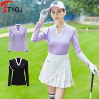 TTYGJ Ladies Ruffle Sleeves Sports T-shirts Korean V-neck Golf Shirts Long-sleeved Elastic Tops Summer Women Apparel S-XL