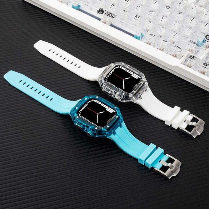 แถบเคสธารน้ำแข็งใสสำหรับนาฬิกา-apple-45มม-44มม-ชุดดัดแปลงสายยืดกีฬายางสำหรับ-i-watch-series-8-7-6-5-4-se-refit-ไม่รวมนาฬิกา