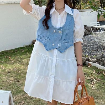 High quality white shirt dress summer womens short denim vest top two sets early spring