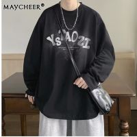 MAYCHEER   เสื้อยืดแขนยาวผู้ชายน้ำหนักเบาคอกลมหลวมพิมพ์ลายเรียบง่ายเสื้อฮู้ดแขนยาวลำลอง