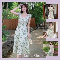 Luna shop?（พร้อมส่งจากกทม มาถึงใน 3-5 วัน）?เดรส?ดอกไม้หักเล็กๆ เดรสหวานพร้อมสายเอี๊ยม เอวแคบ และกระโปรงนางฟ้า