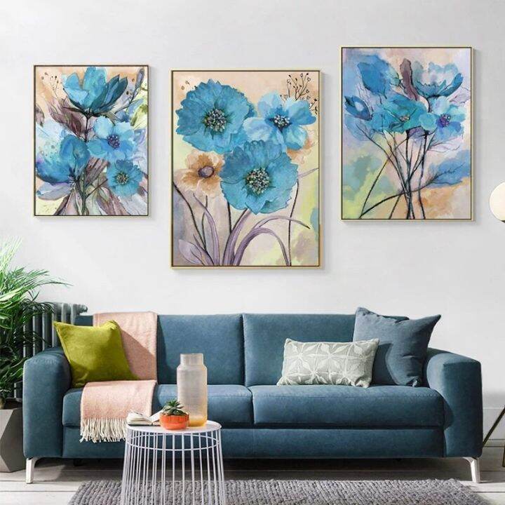 3 unit Watercolor Blue Flower Poster Nordic abstrak lukisan kanvas ...